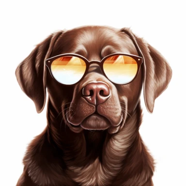 Chocolate labrador retriever wearing sunglasses, white background, cool dog, summer time, clipart, relaxing