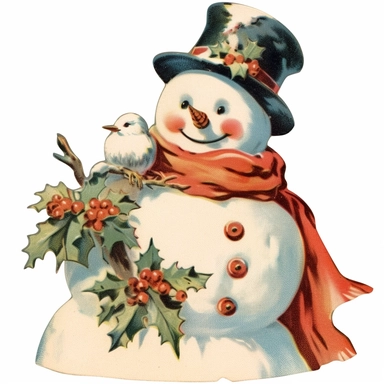 clipart with vintage christmas card style snowman on a white background