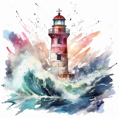 clipart, A captivating watercolor lighthouse nestled amidst crashing waves, guiding ships with its bright beacon, isolated on a white background with a wide margin.