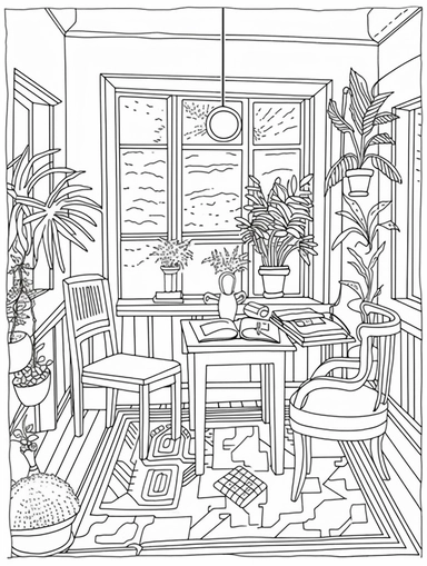 An Adult Coloring Book Featuring Fun and Relaxing Interior Home Designs with Beautifully Furnished Rooms and Welcoming Outdoor Spaces, coloring page line art, black and white clipart for coloring page, simple and clean line art, illustration style,