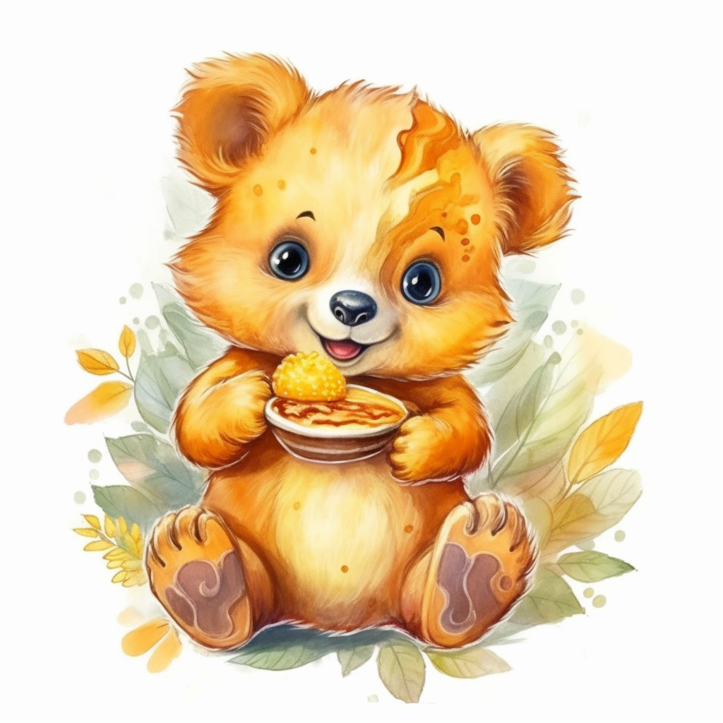 cute smiling happy baby bear eating honey, childrens book illustration ...