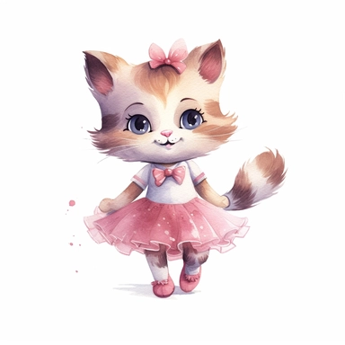 children book illustration. cartoon cute baby cat in tutus. Watercolor clipart. Pixar animation