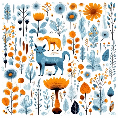 collection of free clipart of creatures, animals and flowers, in the style of light blue and amber, allover composition, joyful celebration of nature, 20th century scandinavian style, forestpunk, gestural outlines, feminine sticker art, white background