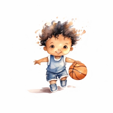 cute Watercolor cartoon basketball player, clipart, white background