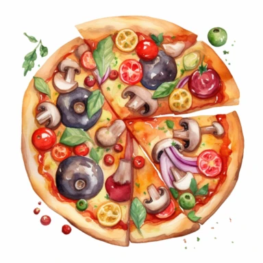 Create a watercolor clipart of a delicious pizza, with toppings like mushrooms, peppers, and olives. Use pastel colors and make sure to capture the details of the crust and the toppings, white background