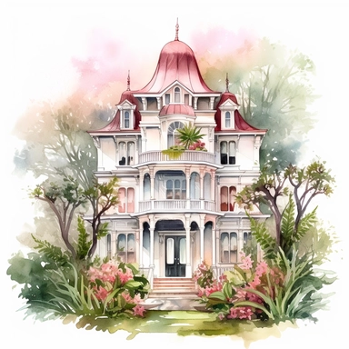 Magnolia Mansion - As part of the Whimsical Botanical Dwellings collection, this watercolor clipart presents a magnificent mansion designed entirely from Peony Blush magnolias and Fern Green leaves. The grandeur of the mansion is intricately captured, and it stands out vividly against the white background, emphasizing the soft pink and vibrant green colors.