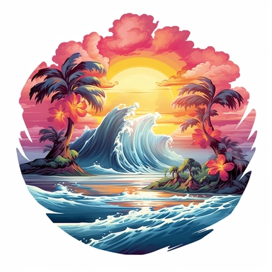 a sticker, artwork of t shirt graphic of majestic palm tree in digital painting style , beautiful flowers, sunrise mountains and clouds , big sea waves, water splashes, white background, colorful fantasy flower sorround, highly detailed clean, vector image, photorealistic masterpiece, professional photography, realistic, flat white background, isometric, vibrant vector, clipart, illustration, realism, 4k, , cinematic, front view, white background,