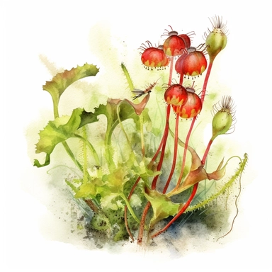 Clipart, vintage, watercolor, Cape sundew with prey, carnivorous plant, botanical illustration, hand drawn, texture