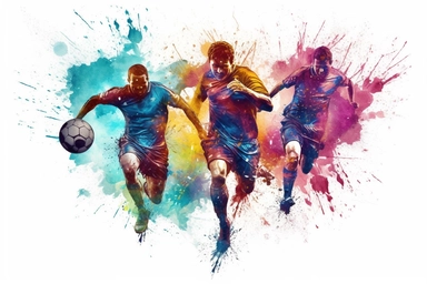 Watercolor, Design an action shot of a soccer player celebrating a goal with teammates clipart, hd, on a white background, spaced out