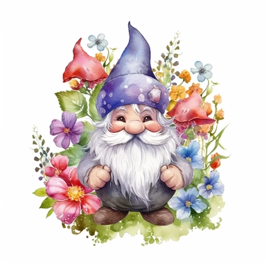 Cute garden gnome watercolor clipart with floral springs surrounding it, happy emotions, high quality digital drawing, white background
