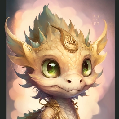 a watercolor painting of a Tiny cute adorable baby dragon looking directly into the camera and slightly smiling, dragon has little braid of hair in the centre, gold color, watercolor painted effect skin, intricate details, glass eyes, skip has watercolor painting effect, soft cinematic lighting, 8k, portrait, Pixar style character, pokemon anime style octane render, upper body only, inspired by Hanns Katz, logo, pastel colors, liquid cooled, 70's, clipart, chill out, retro, full body, white back