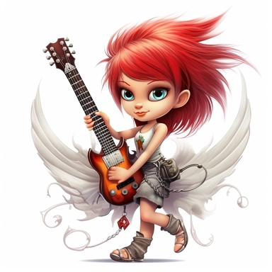 a beautiful fairy, punk rock star with guitar, cartoon, big wings, clipart, white background