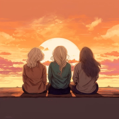 ChatGPT I would like an image depicting three women sitting with their backs to the viewer, facing a sunset. The first woman should appear as a mother, with medium-length blonde hair. The second woman should resemble a grandmother, with gray hair and a more mature appearance. Lastly, the third woman should look like a young girl, with long brown hair and a youthful expression. Ensure that the women are seated on a bench or chairs, clearly facing the sunset. The sunset should be warm, with shades