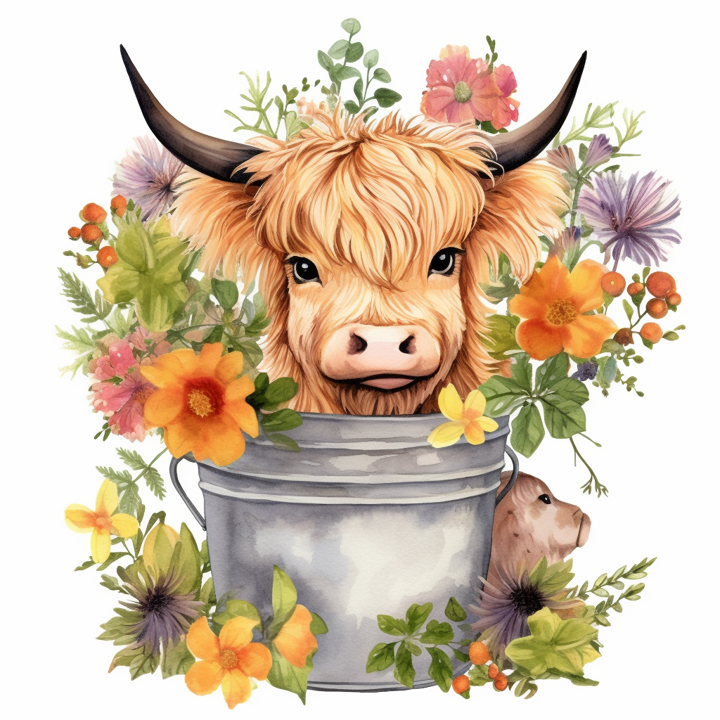 baby highland cow in a small rustic tub covered in flowers and grass ...