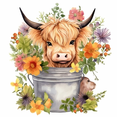 baby highland cow in a small rustic tub covered in flowers and grass with wildflowers all over the place clipart add a ton of flowers clipart watercolor make it cute