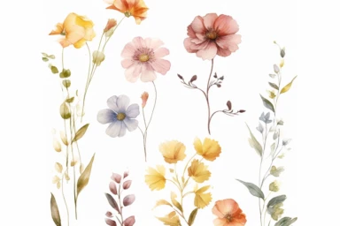 COLLECTION OF enchanted MAROON AND DUSTY YELLOW flowers WATERCOLOR HAND PAINTED clipart, GREEN WILD LEAVES BETTWEEN FLOWERS AND IN THE BACK, WATERCOLOR AIRY PASTEL COLORS, VISIBLE WATERCOLOR BRUSH TOUCHES, DREAMY AND ELEGANT, COLORFUL DREAMY FLOWERS,white background, WATERCOLOR 8k,