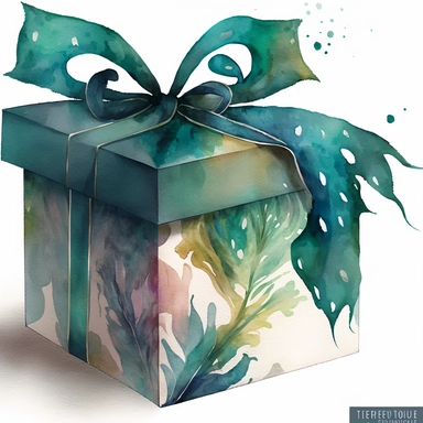 clipart watercolor flat box in peacock pattern with huge long bow on top