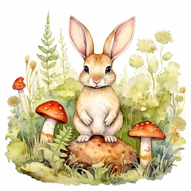 Cute bunny in a whimsical garden, watercolor by Cicely Mary Baker, clipart, solid background.