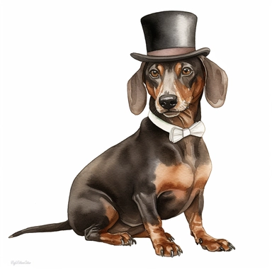 men 's bowler hat dachshund clipart, full body isolated white background, watercolor, hyper detail illustration by Marjolein Bastin