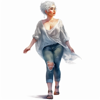 Realistic watercolor full body glamourous fat woman with casual blouse and jeans and heels, beautiful fat woman face with long eyelashes glamourous style, 35 year old lady with grey short hair, clipart, cozy, bright warm colors, 1500x500 pixels, cyberpunk