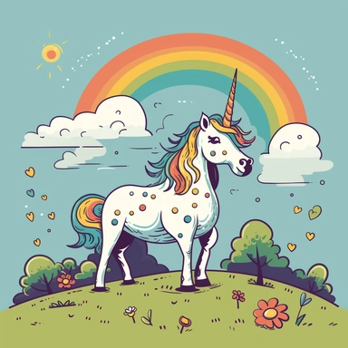 In the style of a cartoon, create a clipart image of a cute unicorn standing on a grassy hill. The unicorn should have a rainbow-colored mane and tail, and a golden horn on its head. Its eyes should be big and bright, and it should have a friendly expression. The hill should be green and dotted with flowers, with a clear blue sky overhead. The unicorn can be doing anything you like - maybe it's gazing off into the distance, or maybe it's playing with some other animals like birds or rabbits.