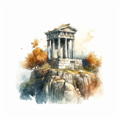 Capture the grandeur of a ruined Greek temple atop a hill in a captivating watercolor clipart, embodying the spirit of ancient civilizations. In HD on a white background.