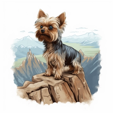 Capture the quiet majesty of a cute yorkie dog as they stand atop a mountain peak, surveying the vast expanse of land below with a sense of awe and wonder, high detail, intricate details, photorealistic, hyper realistic, vector, 8k, svg, watercolor, contour, clipart, extreme render, isolated, white border, white background ar 4:5 v5