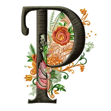Floral Machine Embroidery, detailed illustration, clipart, white background, letter P