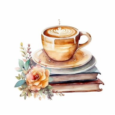 a cup of latte with flower shape coffee art, on books, clean image, clipart on white background, watercolor