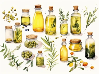 botanical style watercolor olive oil bottle elements Clipart muted color white background knolling
