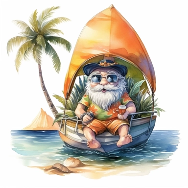 gnome sailor on yacht in Hawaii beach outfit, vibrant color, clipart, watercolor illustration, white background