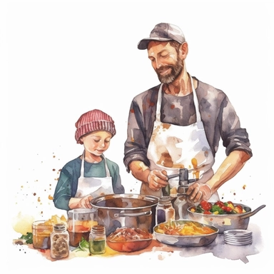 A father and son cooking together in the kitchen, wearing chef hats and aprons, Watercolor, Clipart, detailed, high resolution, transparent background PNG