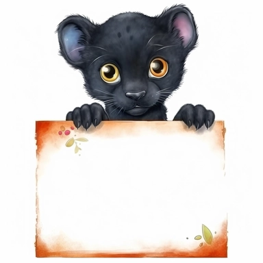cute cartoon black panther cub hiding shyly behind a big gigantic blackboard, watercolor clipart, bright colors, isolated white background, 8k