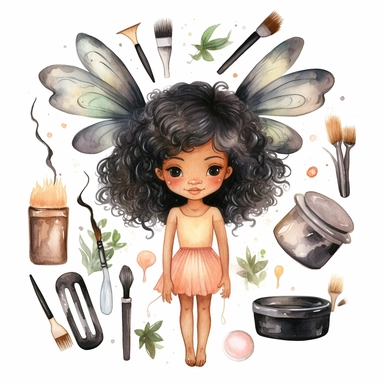 cute fairy black skin girl hairdresser, hair salon, hairdryer, scissors, comb, mirror, watercolour Clipart white background