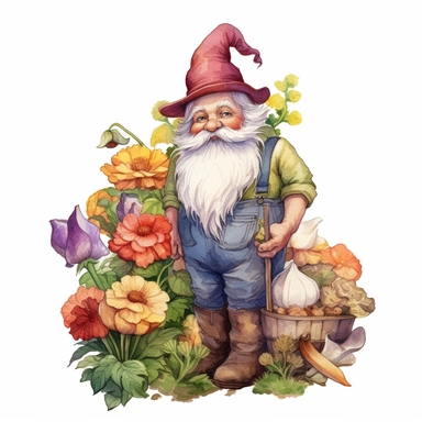 watercolor, hyper realistic, white background, white margins, 16k, ultra detailed clipart, cut out image, hand-drawn a cheerful gnome with a pointy hat, tending to a garden with colorful flowers and vegetables. earthy color scheme with shades of green and brown, pastel