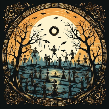 Spooky Skeleton Dance - A vibrant depicting whimsical skeletons in different dance poses, set against a backdrop of moonlit cemetery and twinkling stars, creating a playful and festive Halloween mood.vector, clipart