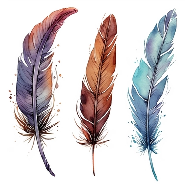 feather pen and ink clipart + white background + watercolor style