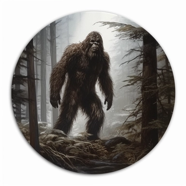 bigfoot in dark woods, painting circular clipart sticker, no mock-up, white background
