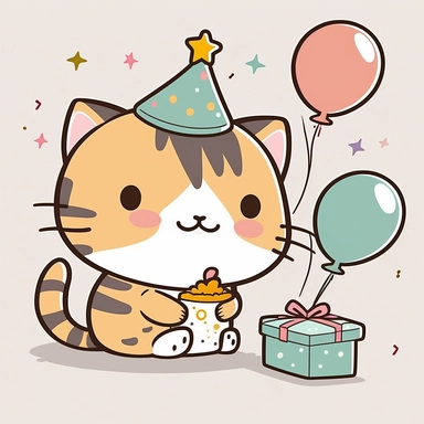 birthday cat clipart cute party clip art kawaii kitten, with mouse toy, white background