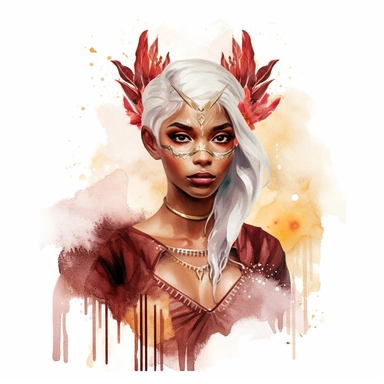 boho fantasy female elf african American clipart with pointy ears, beautiful, gold, white and, ash hair with beautiful glittery clothing in deep burgundy, white, rose gold , and splashy watercolour background