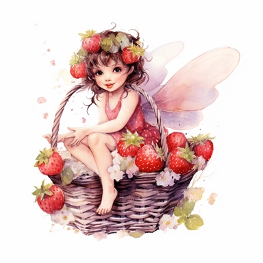 hand drawn cute fairy flying with a basket of strawberries, with blossoms, coquette style, glamorous, watercolor, white background with margins, clipart style