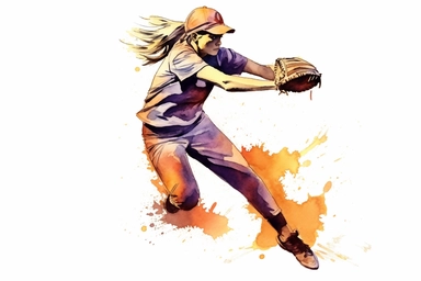 Watercolor, Design a scene of a softball pitcher winding up and delivering a pitch with precision clipart, hd, on a white background, spaced out