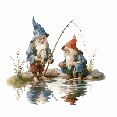 Two garden gnome kids fishing at a pond, fishing line in the water, basket with fish, white background, style of Pierre-Joseph Redoute, as clipart, single design, sharp lines, dreamy