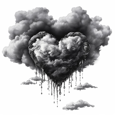 clipart style open heart shape of a heart made of clouds and tears. all in black and gray with a little white on a white background