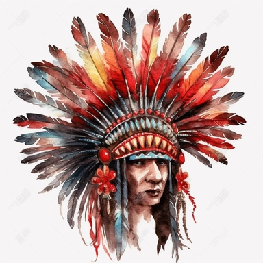 Watercolour native American Headdress clipart red colours no face HD on a white background high resolution