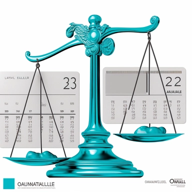 Simple clipart on white background, balance scale on one side is calendar on the other side — money, monochromatic vivid steel Teal color