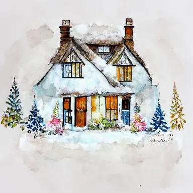 christmas, cute English country cottage, symmetrical, winter, snow, watercolor, clipart