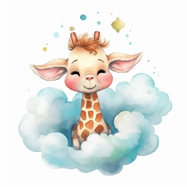 a captivating watercolor clipart image with a white background and white margins, featuring a cute sweet kawaii extremely happy smiling cartoon baby giraffe sleeping on a cloud, full body. The ultra-detailed, hand-drawn elements capture the details. Use vibrant shades of various colors to create a visually appealing image