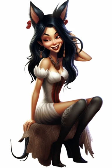a laughing feral princess,straight black hair, cute, vixen, clip art