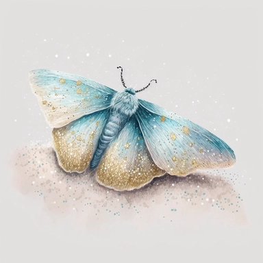 A pale blue moth, on a bed of glitter, white, gold, glitter, fantasy, realistic illustration, watercolor, by Dinara Mirtalipova, by Disney, bright and airy Colors, concept art, white background , clipart